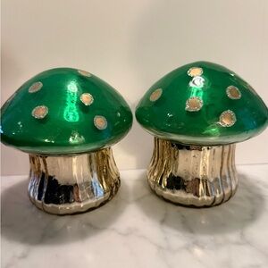 Anthropologie Emerald and Silver Mushroom SET OF TWO CANDLES